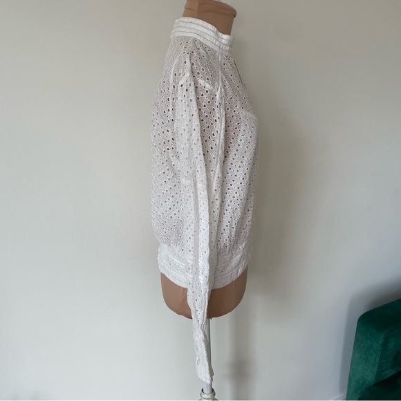 FRAME High Neck Puff Sleeve Keyhole Ivory Ramie Long Sleeve Eyelet Party Top M - Picture 8 of 12